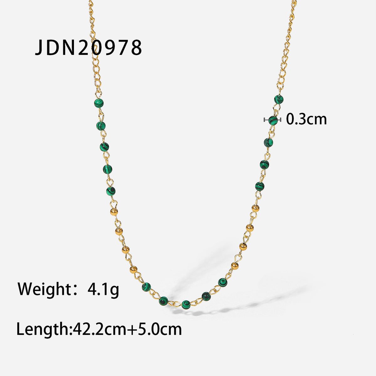 Fashionable INS style necklace with 18K gold small round beads, stainless steel necklace, green turquoise round beads, retro necklace for women