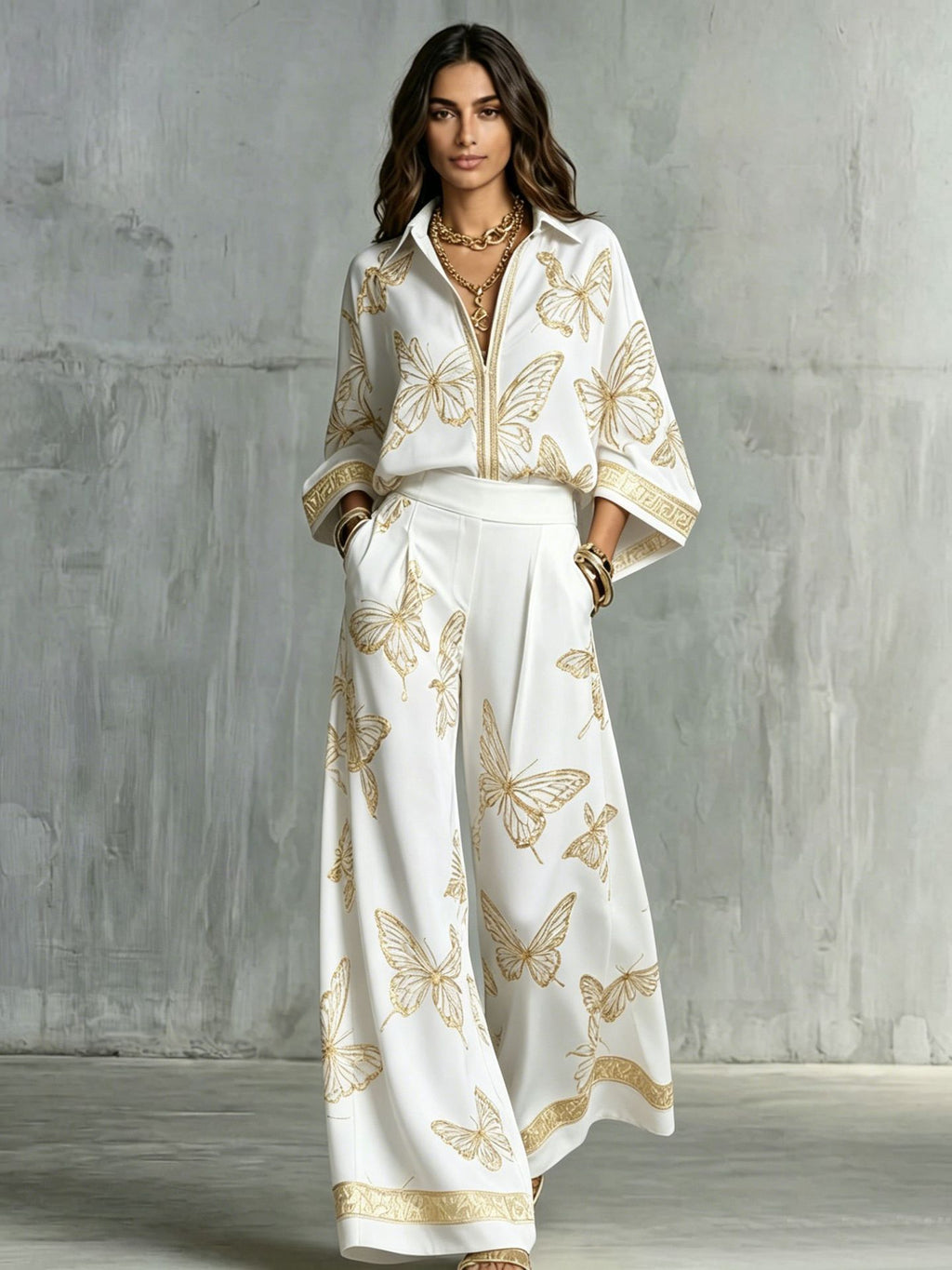 Style Women's Retro Printed Sexy Deep V Neck Loose Zipper Top with Wide Leg Pants Two-Piece Set
