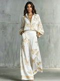 Style Women's Retro Printed Sexy Deep V Neck Loose Zipper Top with Wide Leg Pants Two-Piece Set