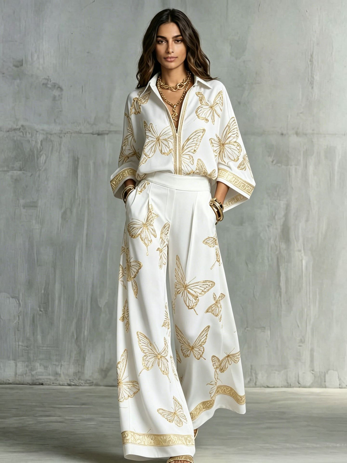 Style Women's Retro Printed Sexy Deep V Neck Loose Zipper Top with Wide Leg Pants Two-Piece Set