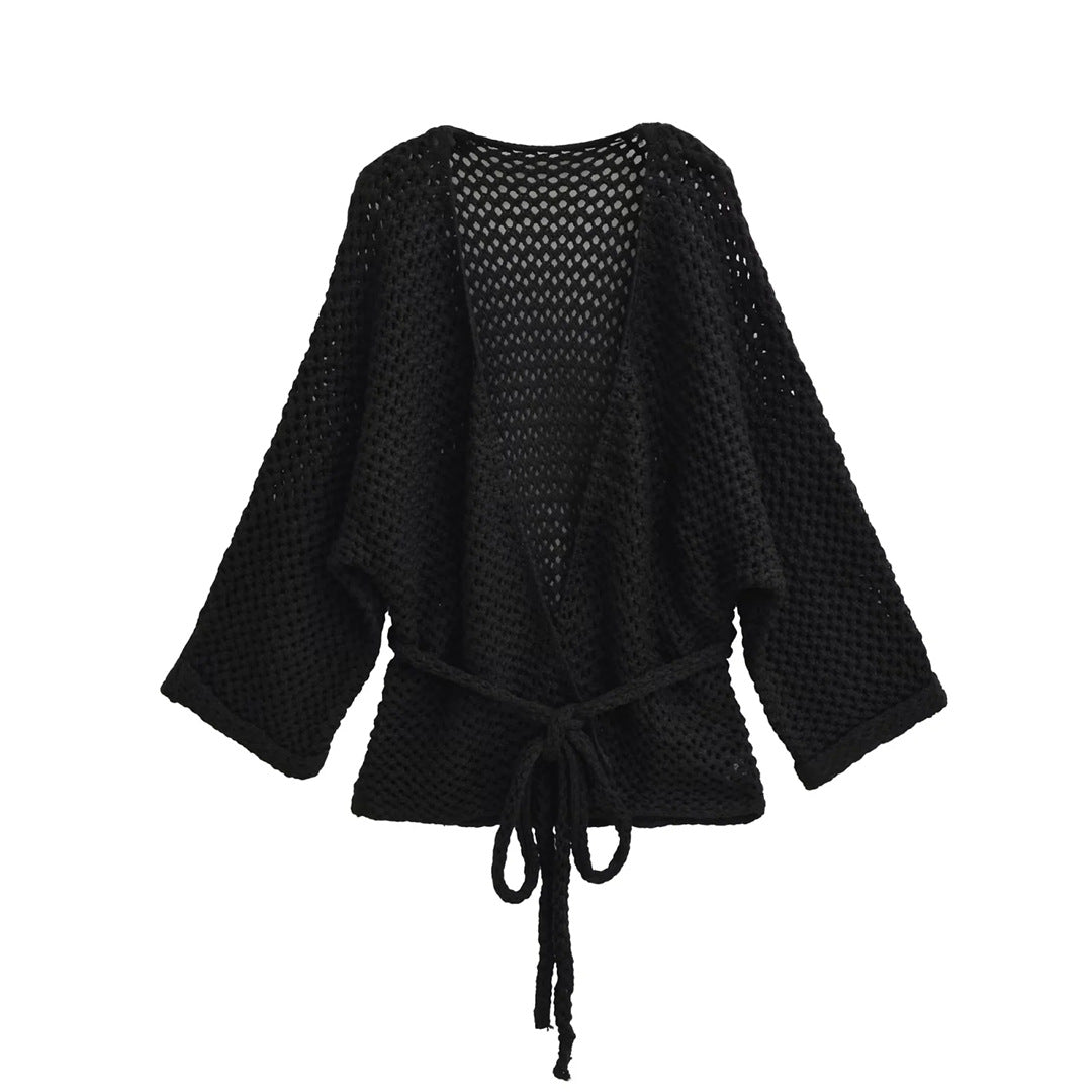 Casual Loose Knit Cardigan with Openwork Detail, Solid Color, Relaxed Fit, Belted Waist, Women's Outerwear Top