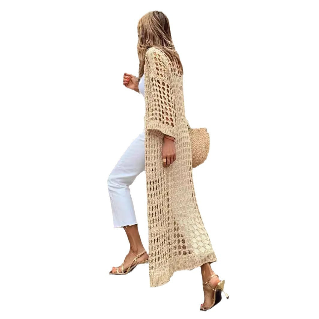 Apricot colored hollowed out elongated  fairy versatile cardigan knitted sweater