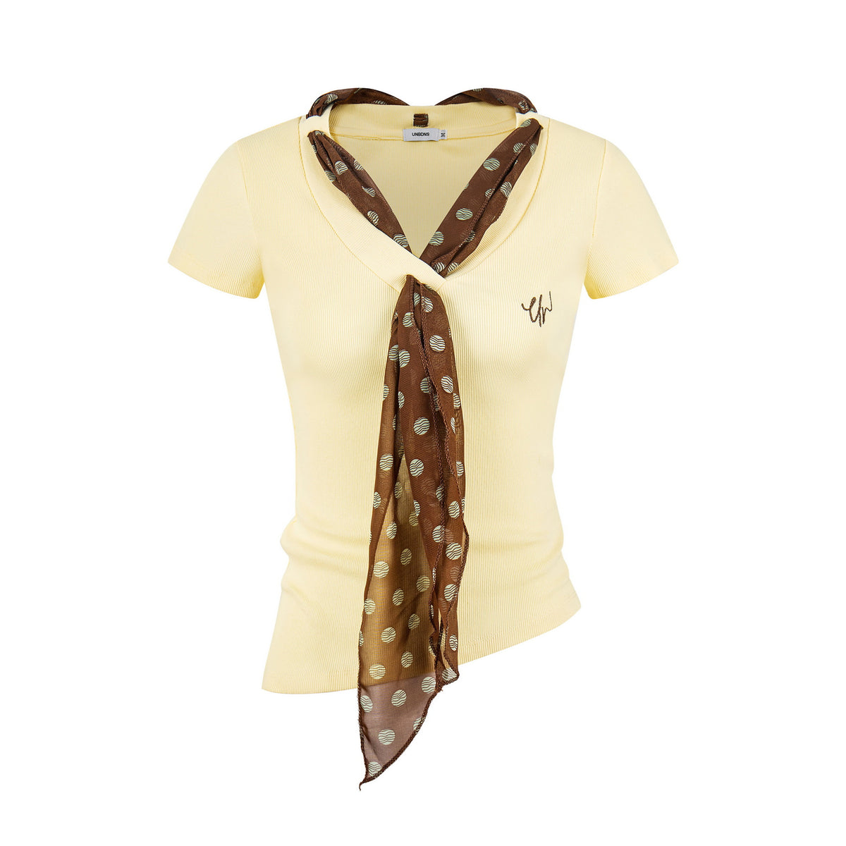 Ribbon V-Neck Short Sleeve T-Shirt for Women, Slim Fit Embroidered Knit Top
