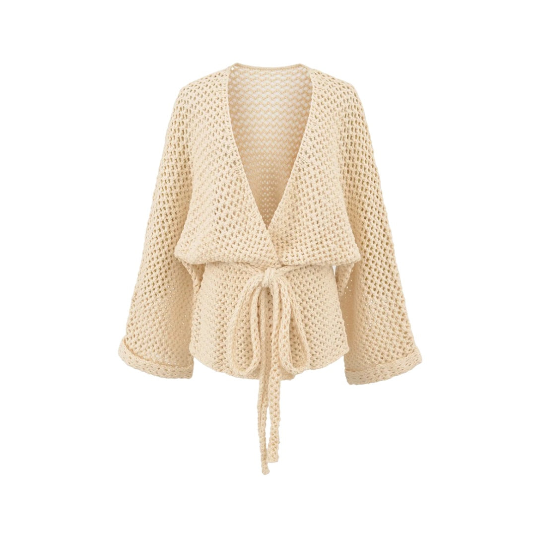 Casual Loose Knit Cardigan with Openwork Detail, Solid Color, Relaxed Fit, Belted Waist, Women's Outerwear Top