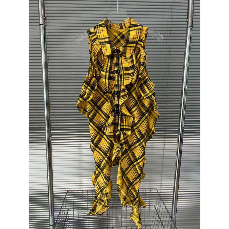 Fashionable spicy girl sleeveless yellow checkered shirt with single breasted irregular design personalized top for women