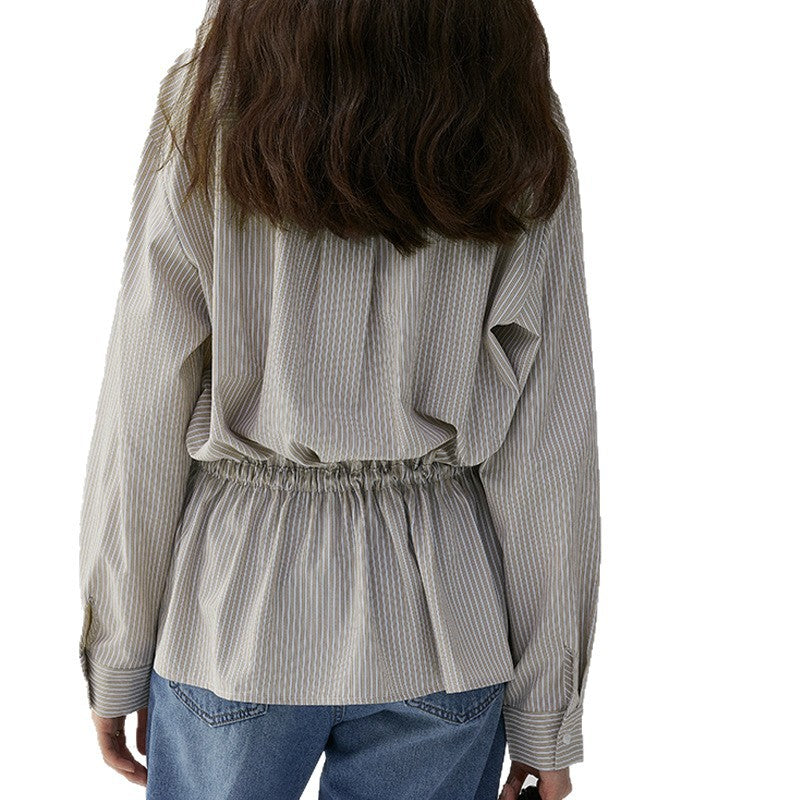 V-neck Slim Fit Striped Loose Shirt for Women, Elegant Office Wear Top