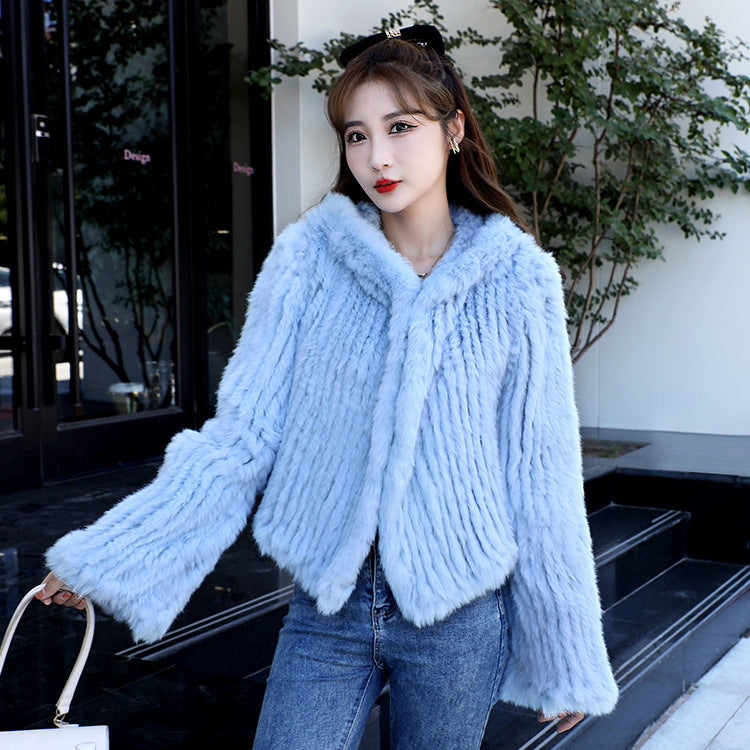 Autumn Winter Women Real Rabbit Fur Coat 100% Natural Fur Jacket Loose Manual Weave Quality Streetwear Hooded Flare Sleeves New