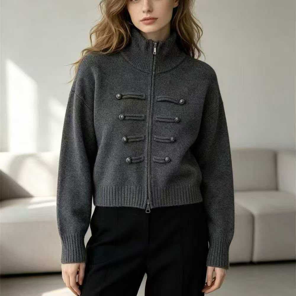 Stand Collar Double Zipper Short Length Long Sleeve Knit Women Sweater Thickened Short Jacket