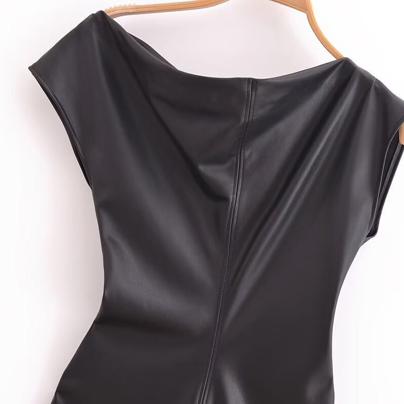 Asymmetric dress, long skirt, slim fi, vegan leather pleated dress