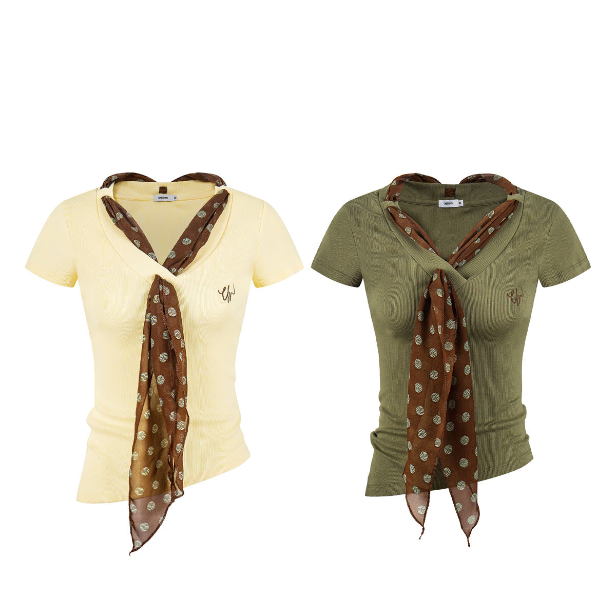 Ribbon V-Neck Short Sleeve T-Shirt for Women, Slim Fit Embroidered Knit Top