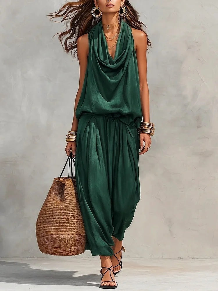 Elegant Office Wear Set for Women with Pleated Collar Top and Casual Pants Set