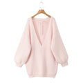 Oversized loose medium to long sweater for autumn and winter, V-neck large backless knitted sweater for women