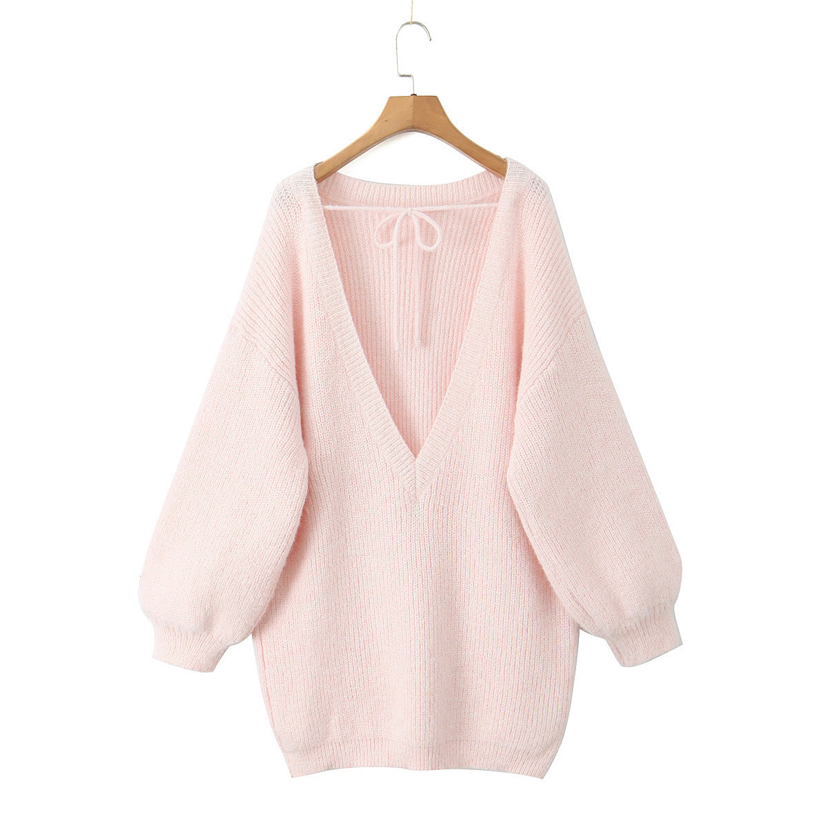 Oversized loose medium to long sweater for autumn and winter, V-neck large backless knitted sweater for women