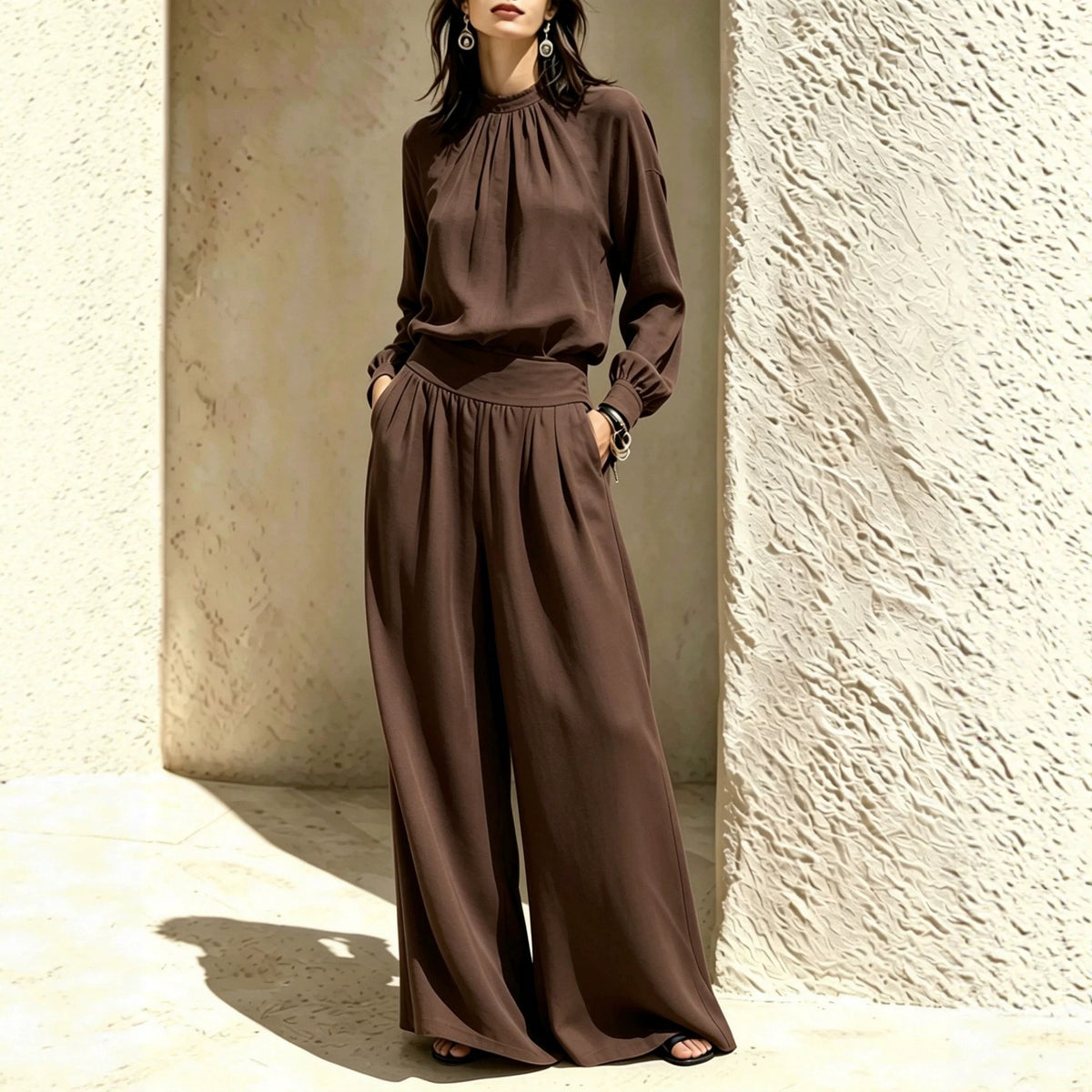 Casual Solid Color Long Sleeve Stand-up Collar Loose Fit Women's Fashion Set BlouseWide-leg Pants