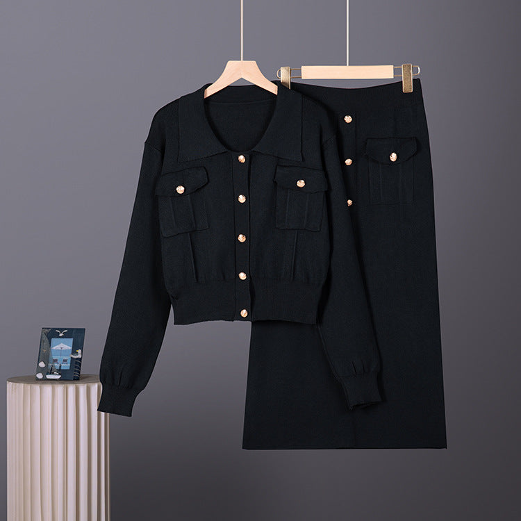 Two piece set of slim fit polo collar sweater, hip hugging half body skirt