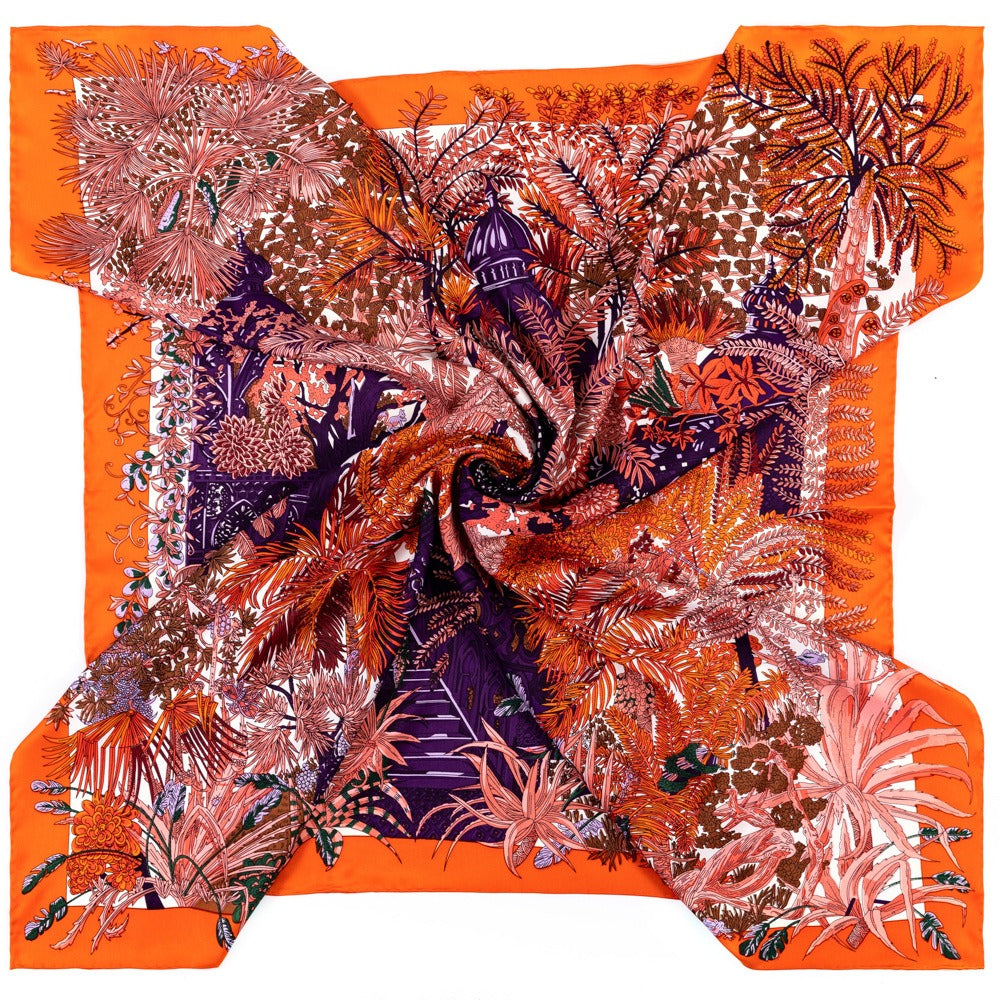 Twill silk square scarf jungle castle print scarf