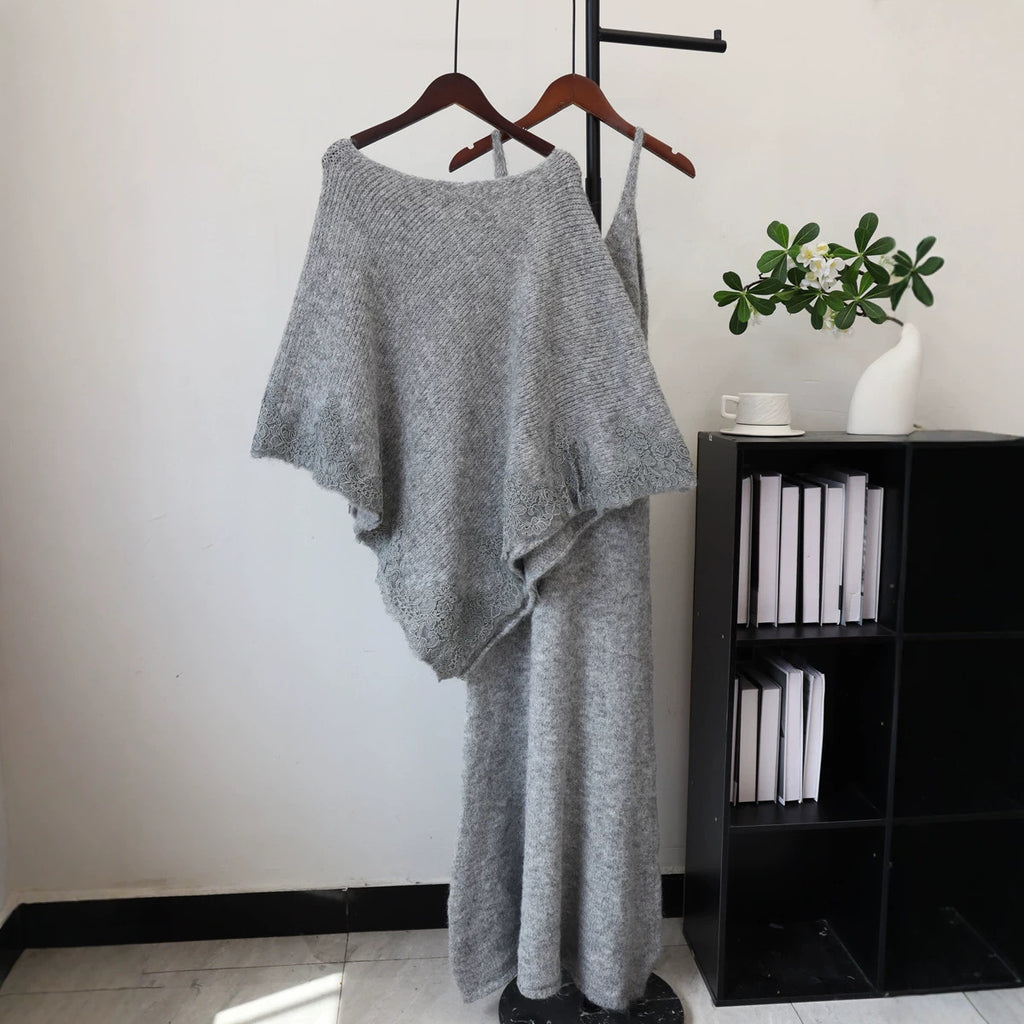 Splicing lace cape camisole dress two-piece set