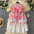 Stand up collar single breasted lantern sleeve dress