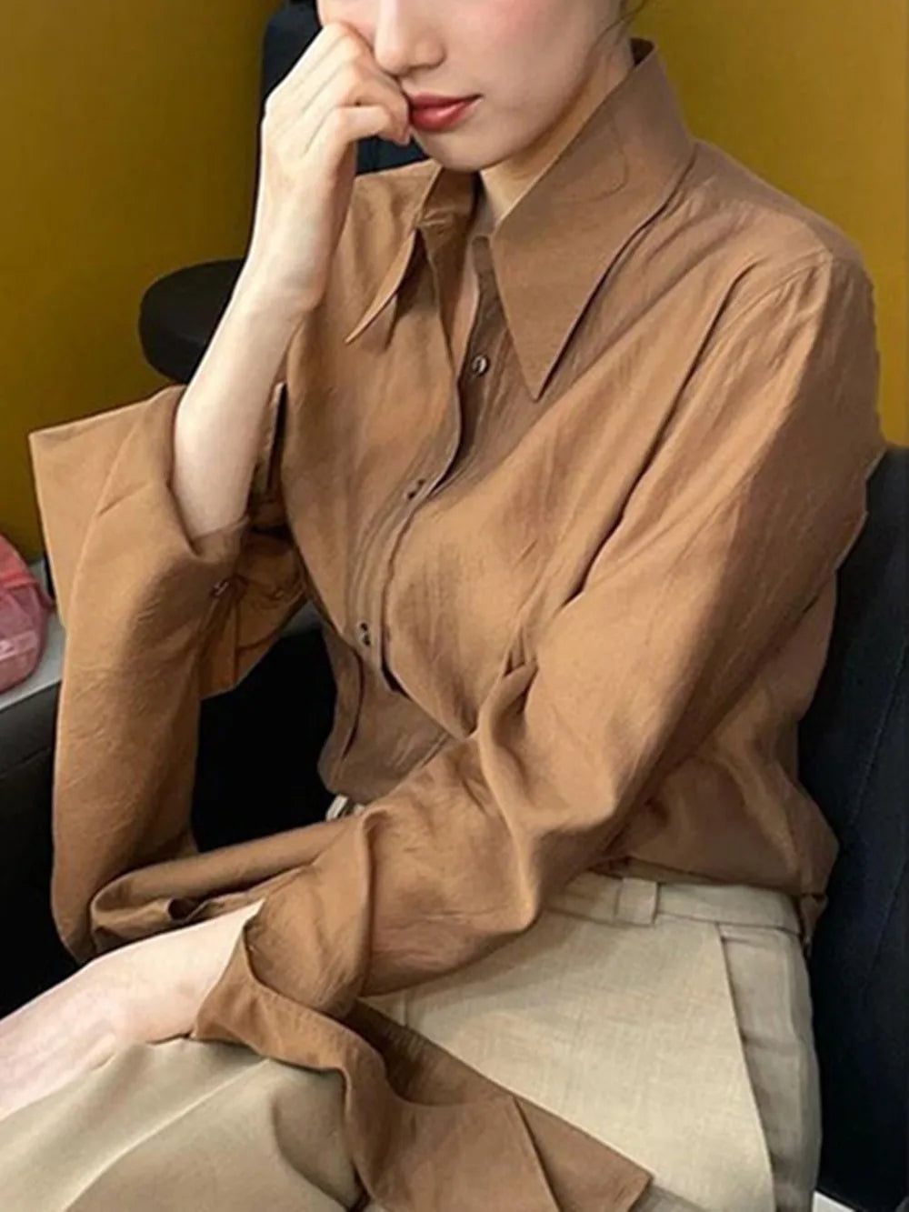 Long-Sleeved Shirt Single-Breasted Asymmetric Temperament Blouse for Women