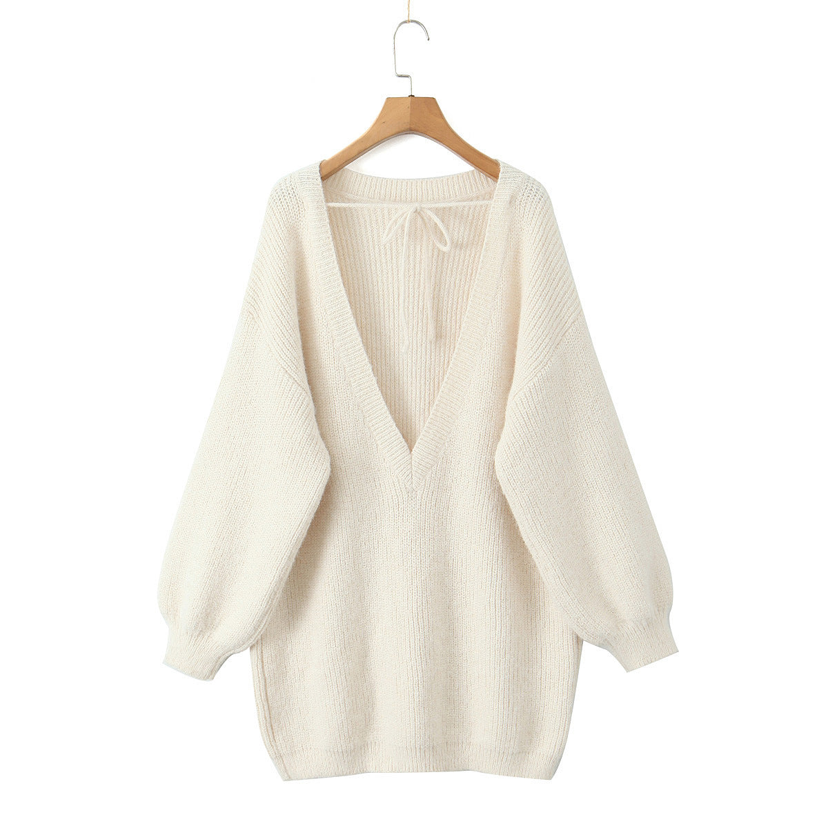 Oversized loose medium to long sweater for autumn and winter, V-neck large backless knitted sweater for women