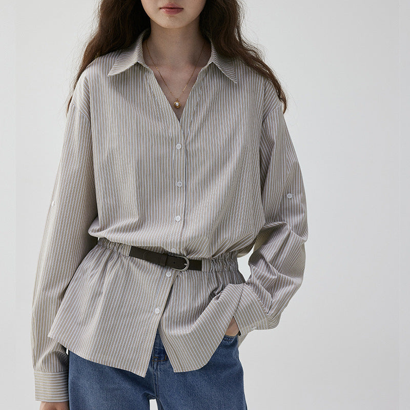 V-neck Slim Fit Striped Loose Shirt for Women, Elegant Office Wear Top