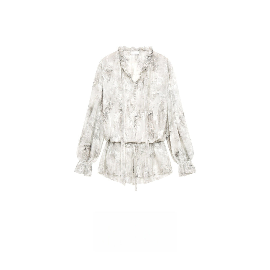 Fashionable Spring Summer Floral Print Ruffled V-Neck Tie Waist Blouse