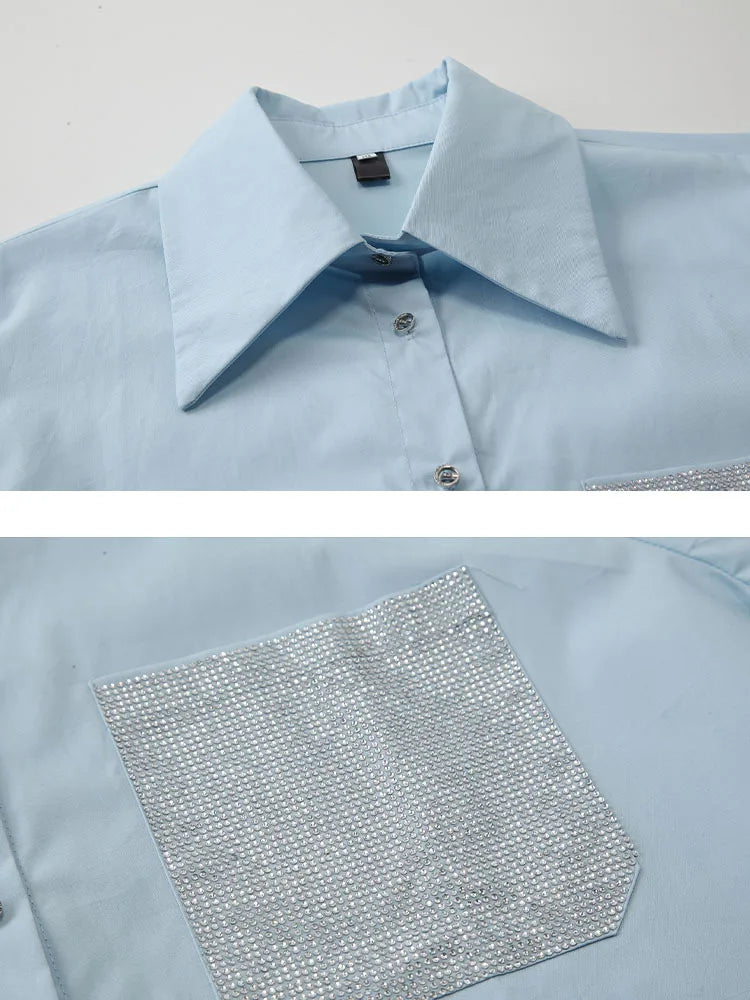 Diamonds Spliced Design Blue Long Sleeve Blouse For Women Summer New Contrast Color Loose Fashion Shirt