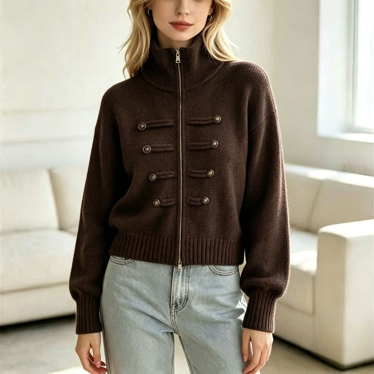 Stand Collar Double Zipper Short Length Long Sleeve Knit Women Sweater Thickened Short Jacket