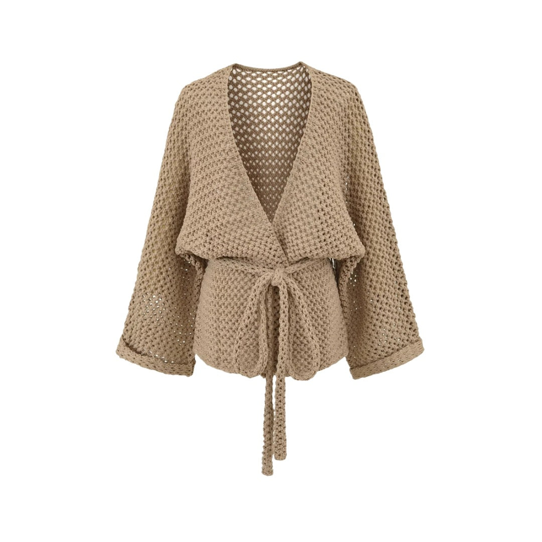 Casual Loose Knit Cardigan with Openwork Detail, Solid Color, Relaxed Fit, Belted Waist, Women's Outerwear Top