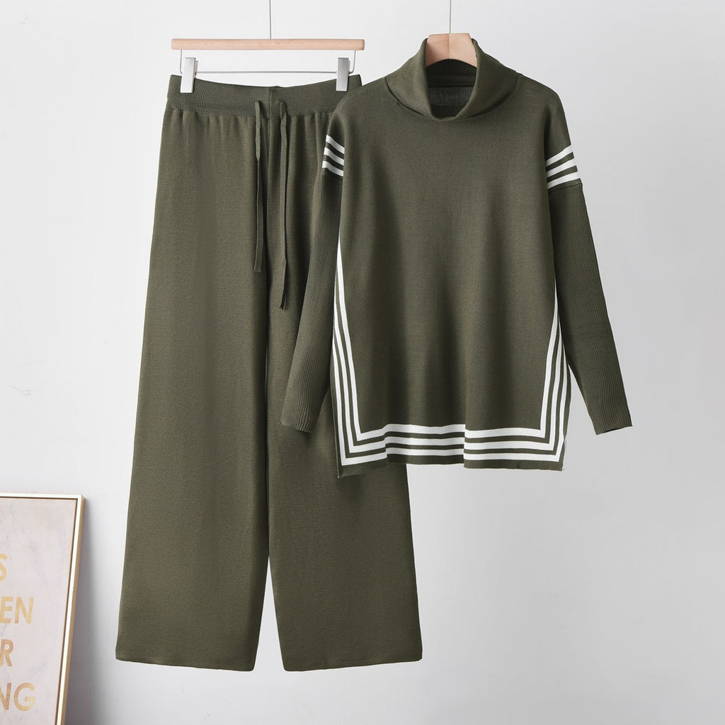 High neck sweater straight leg pants two-piece set for women