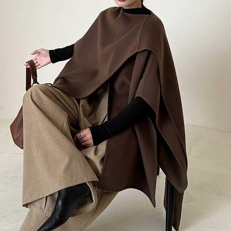 Women's woolen overcoat with a simple style and a sense of high class featuring a top cloak and shawl