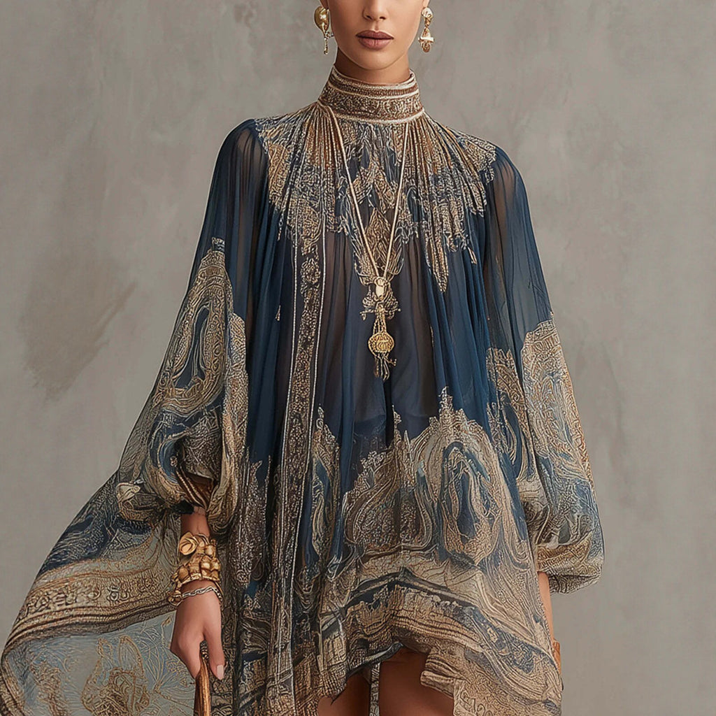 Printed Long Sleeve High Neck Loose Dress