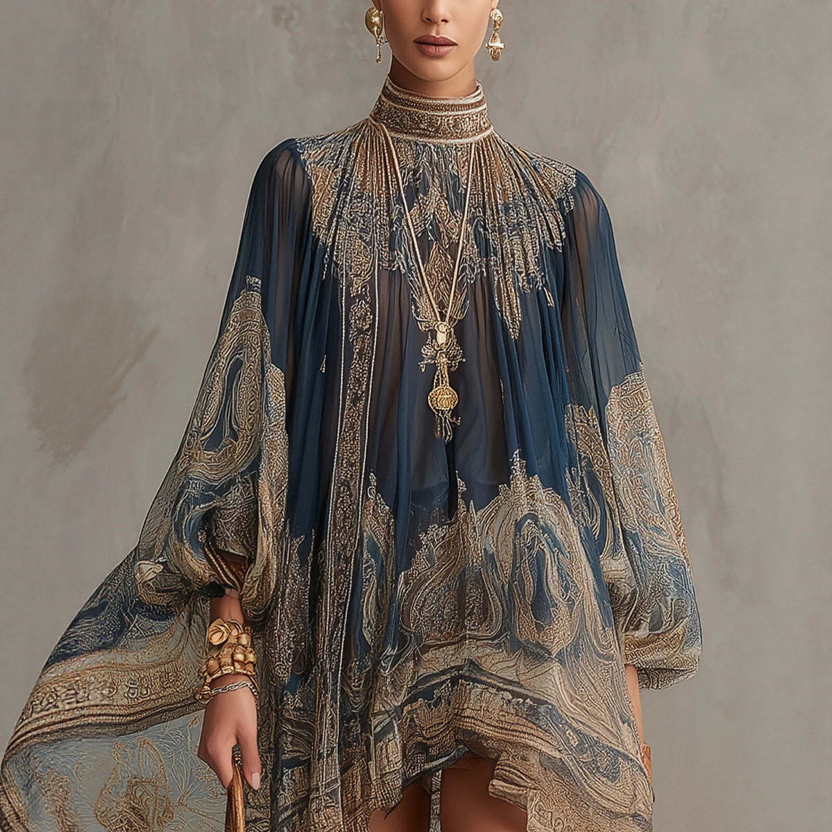 Printed Long Sleeve High Neck Loose Dress
