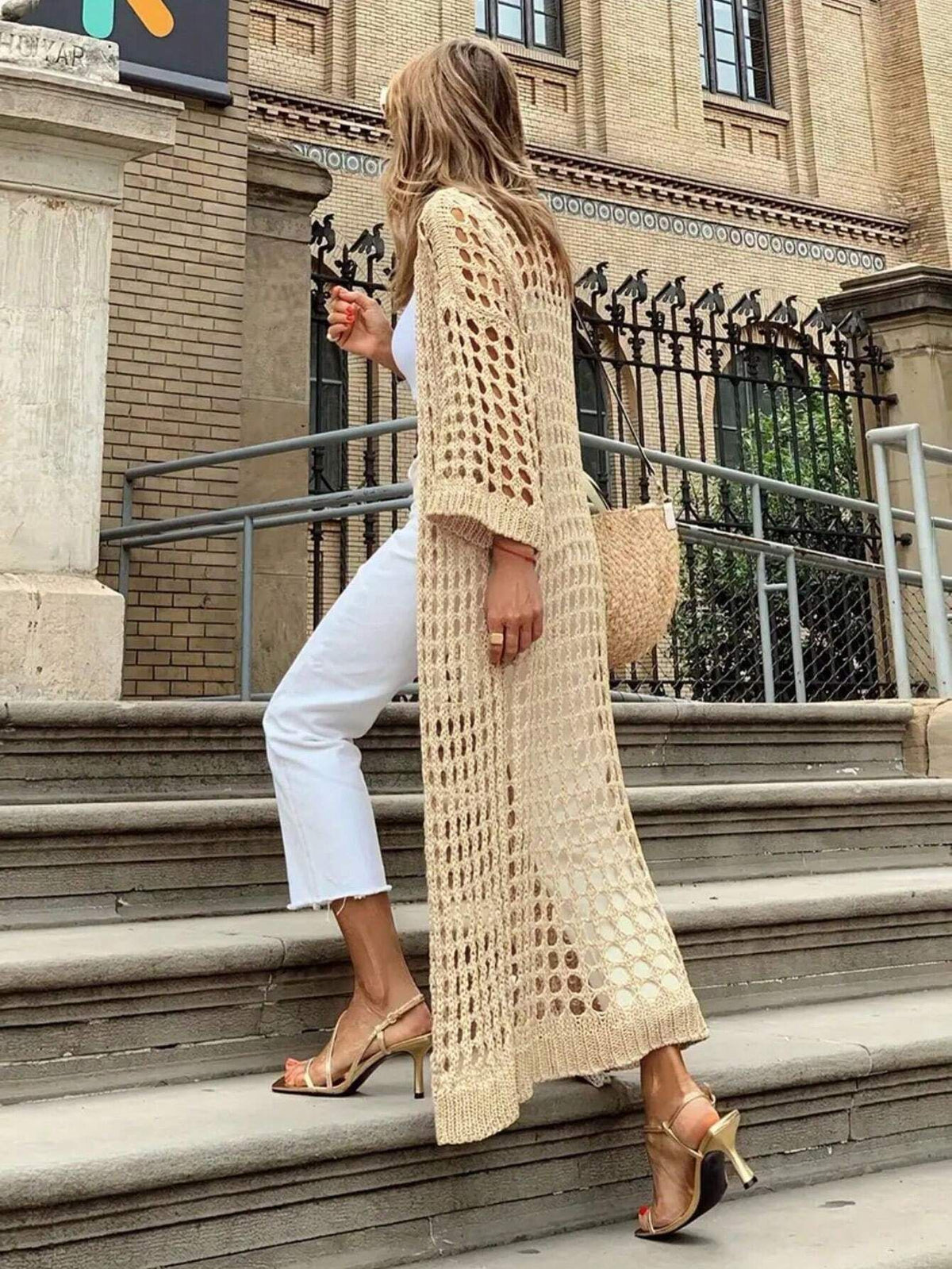 Apricot colored hollowed out elongated  fairy versatile cardigan knitted sweater