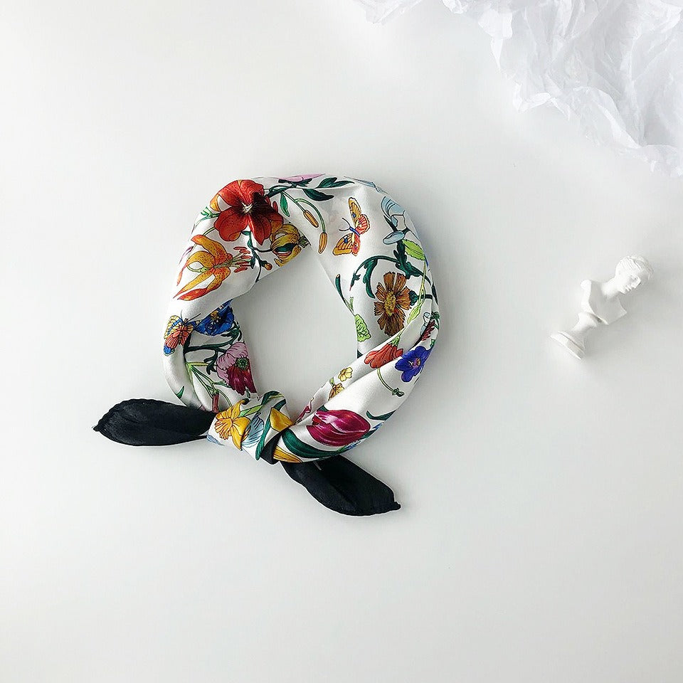 Silk satin small scarf, fashionable and versatile floral small scarf