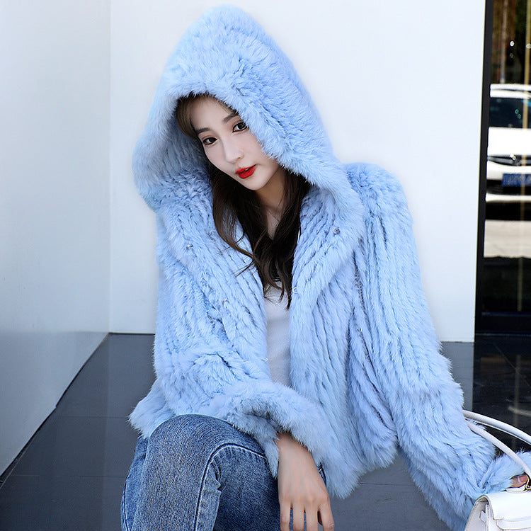 Autumn Winter Women Real Rabbit Fur Coat 100% Natural Fur Jacket Loose Manual Weave Quality Streetwear Hooded Flare Sleeves New