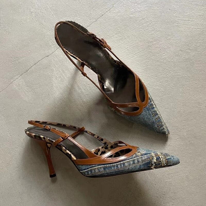 Denim Blue Pointed Toe Stiletto Sandals Women's Slingback Thin Heels Pumps Sexy Cutouts Office Lady Shoes