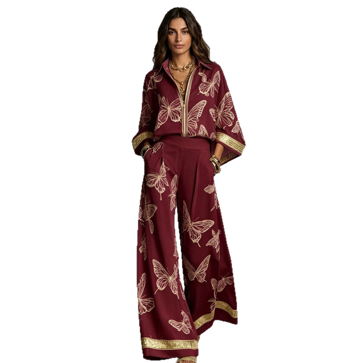 Style Women's Retro Printed Sexy Deep V Neck Loose Zipper Top with Wide Leg Pants Two-Piece Set