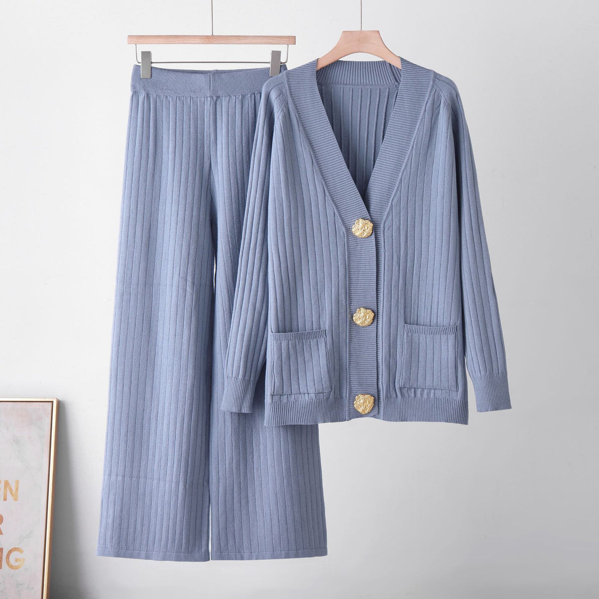 Metal button cardigan sweater wide leg pants set