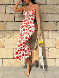 Romantic long dress: fitted silhouette, gathered bodice, floral print.