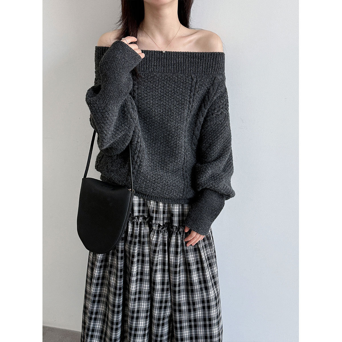 Lace-up Shoulder Cable Knit Loose Long Sleeve Sweater Women's One-Shoulder Wide Knit Top