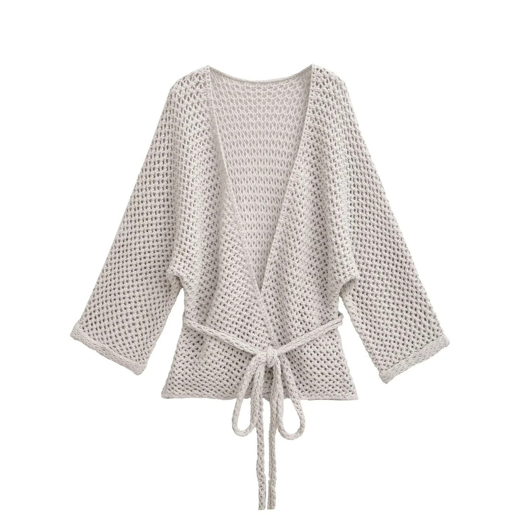 Casual Loose Knit Cardigan with Openwork Detail, Solid Color, Relaxed Fit, Belted Waist, Women's Outerwear Top