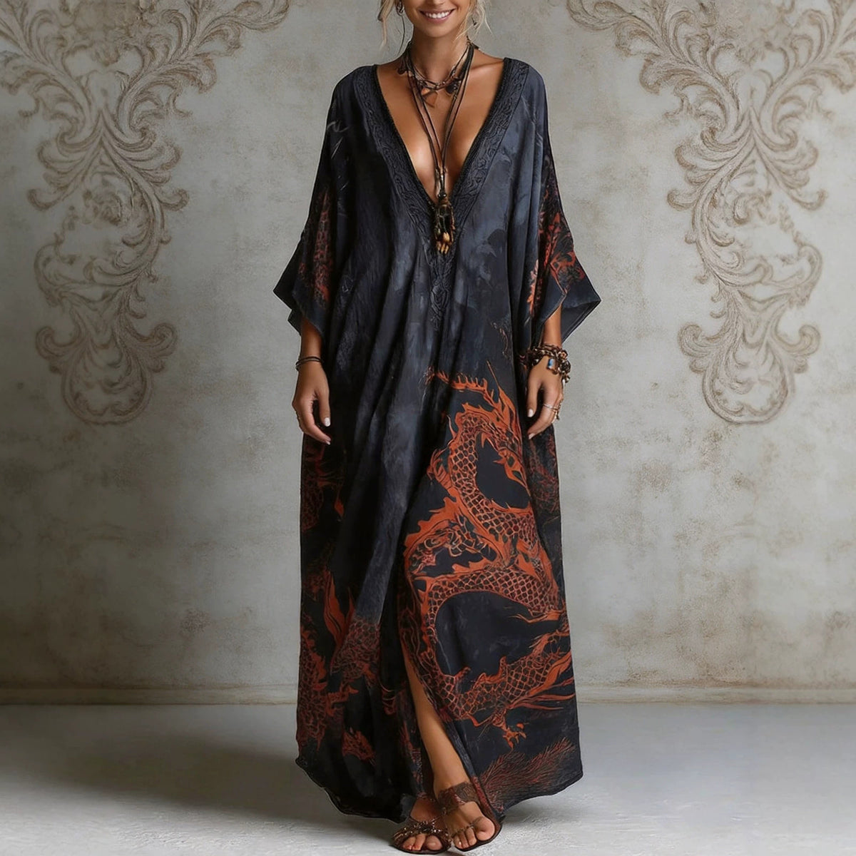 Dragon print beach vacation long dress outerwear