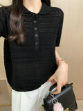 Knit Short Sleeve T-Shirt Silk Wool Polo Collar Hollow Out Casual Top