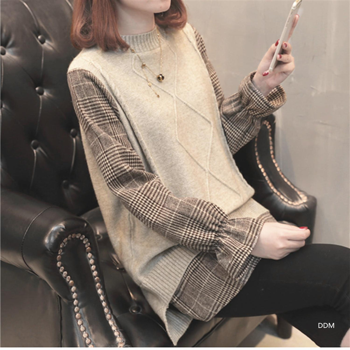 Fake two round neck pullover versatile base knit sweater