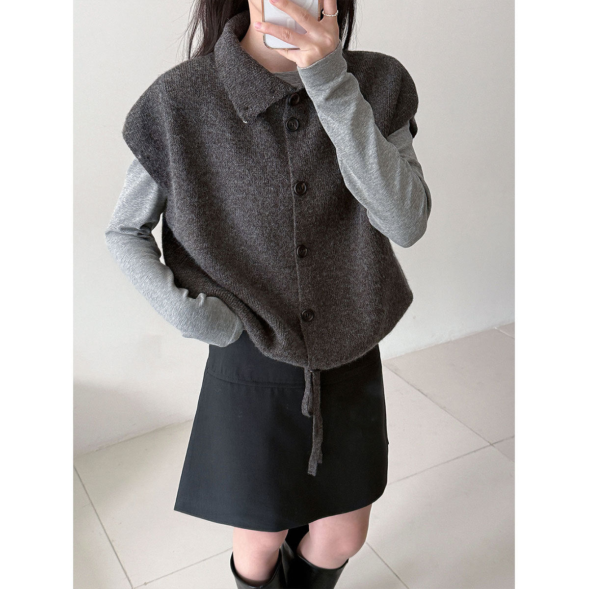 Layered High-neck Knit Vest for Women Spring Drawstring Waist Slim Fit Versatile Sweater Vest