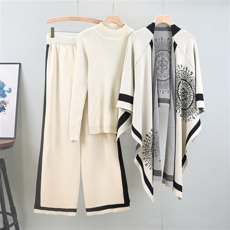 Autumn and winter classic knitted scarf, women's shawl dual-use shawl cape three piece set