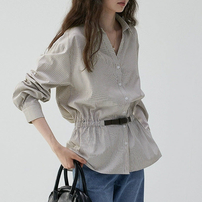 V-neck Slim Fit Striped Loose Shirt for Women, Elegant Office Wear Top