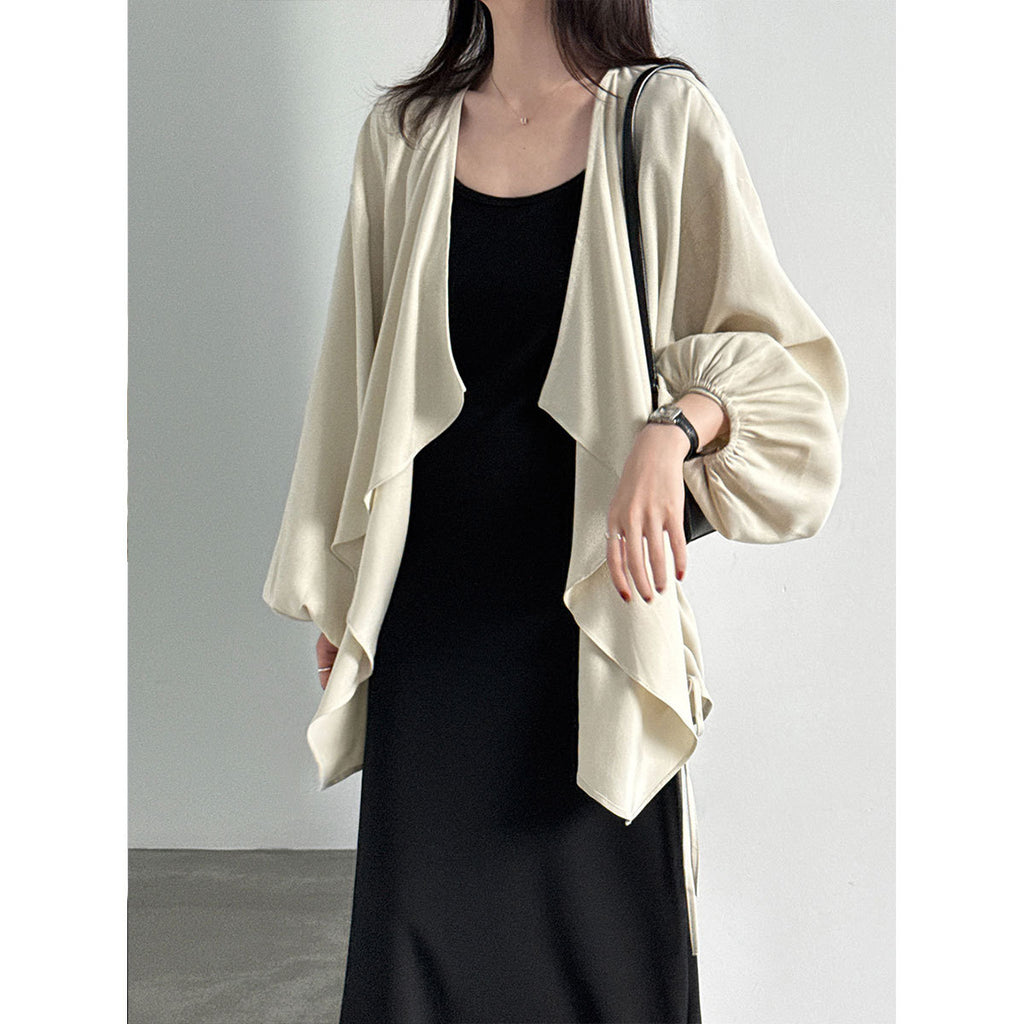 Irregular Drawstring Drapey Open Front Cardigan Coat for Women, Lightweight Loose Shoulder Wrap Trench Coat