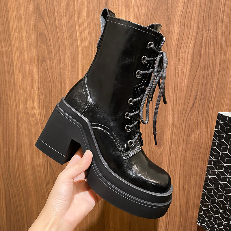 Thick-Soled Martin Boots Women's Leather Single Boots New Winter High-Heeled Thick-Heeled Short Boots